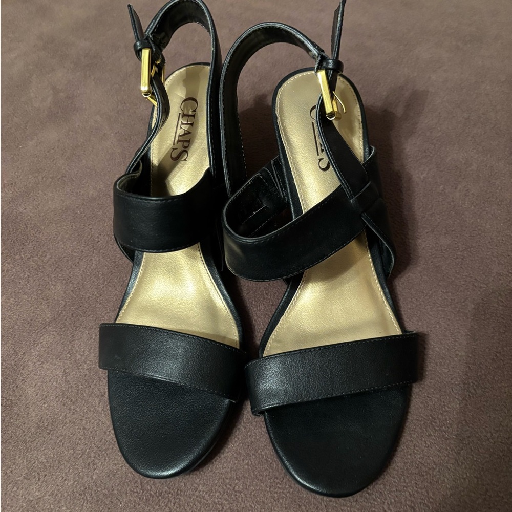 Chaps Black Block Heel Sandals with Gold Buckle